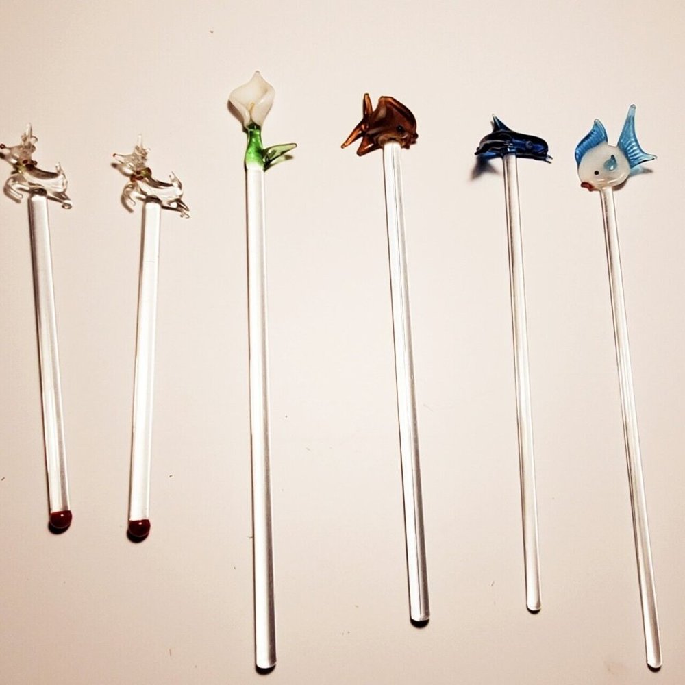6 Vintage swizzle sticks glass 2 Reindeer 1 Flower 3 Fish